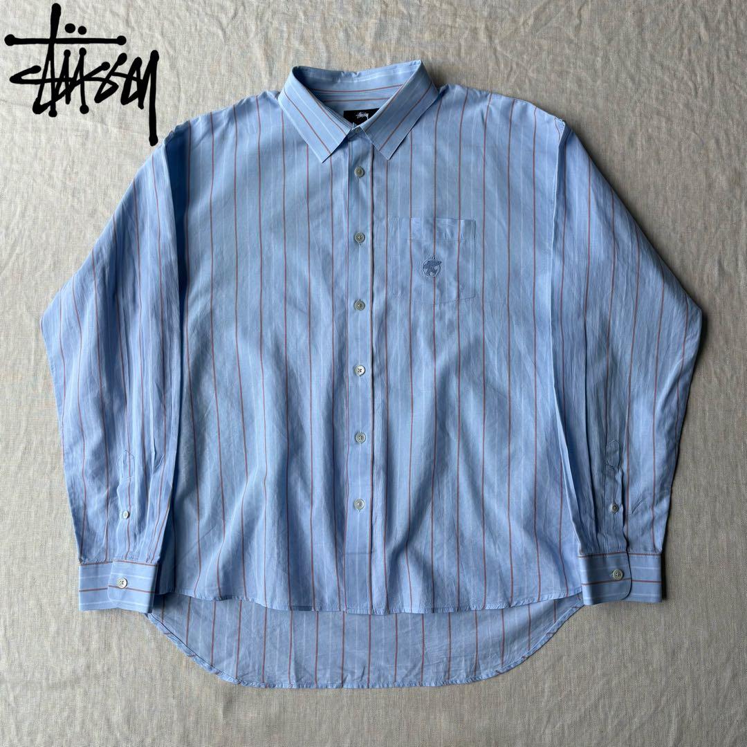 美品 Stussy モーガン蔵人着用 ブルー ストライプ 長袖シャツ L STUSSY（ステューシー） シャツ 長袖 メンズ Classic Poplin ( stussy