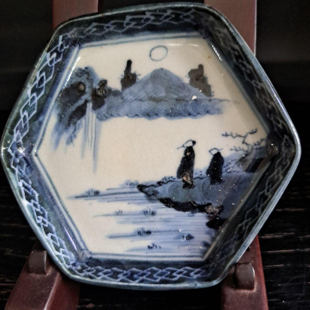 江戸初期　呉須　六角型　　豆皿　超極上　山水人物 月夜のウサギ図　１客　完品に近 九谷焼 縁起絵変り うさぎ 豆皿 KSO-316 | つちや陶器店
