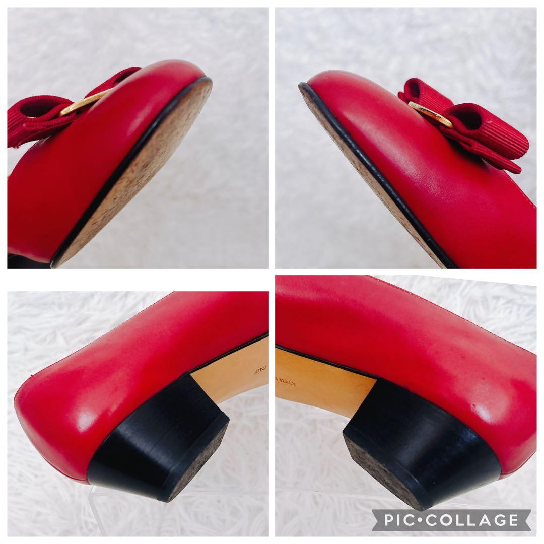 フェラガモ　パンプス　ヴァラ　リボン　ゴールド金具　赤　7.5C 24.5