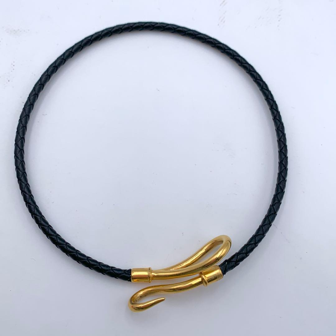 エルメス ジャンボ チョーカー 編み込み2連 ブレス ゴールド 黒 レザー