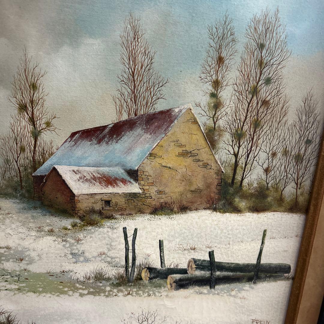 P. Preux 冬の風景 油彩画 金色フレーム付き