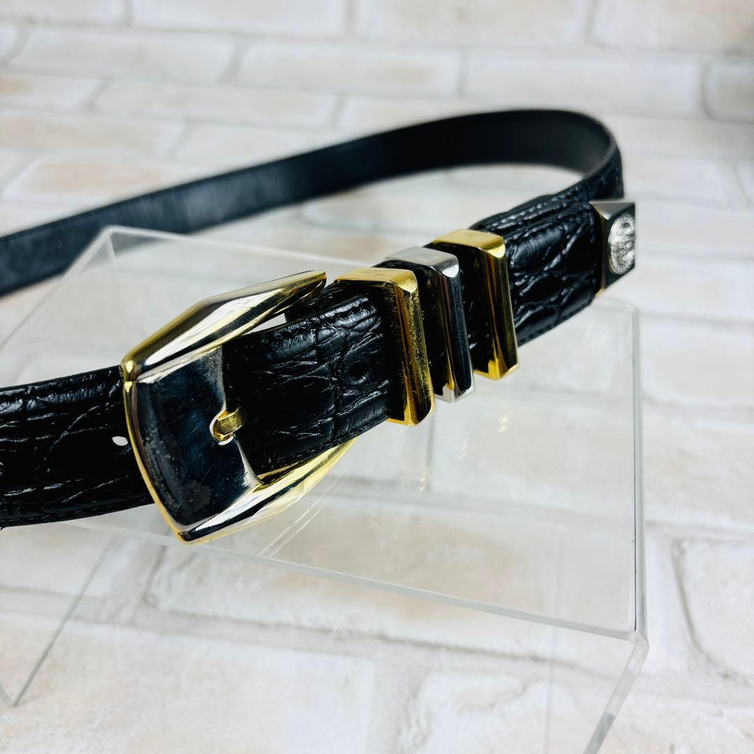 ジャンニヴェルサーチ ベルト メデューサ クロコ型押し 3連 金銀コンビ