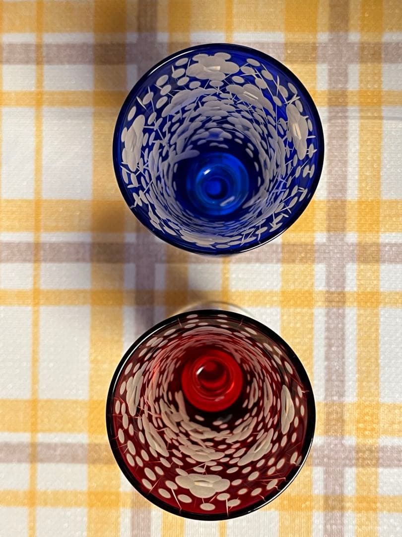 未使用品 江戸切子 江戸ギヤマン 津田學歩作 梅模様 ワイングラス ペアセット