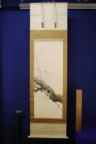 真作/水野秋峰/梅に小禽図/絹表装/布袋屋掛軸HB-575
