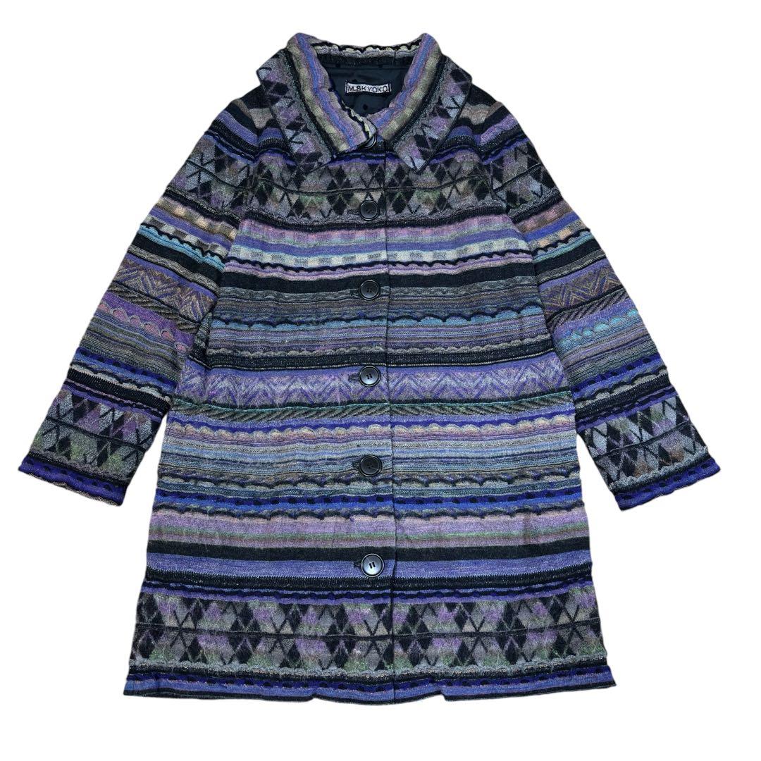 エムアンドキョウコ M.＆KYOKO ニットロングコート 総柄 佐藤繊維 紫