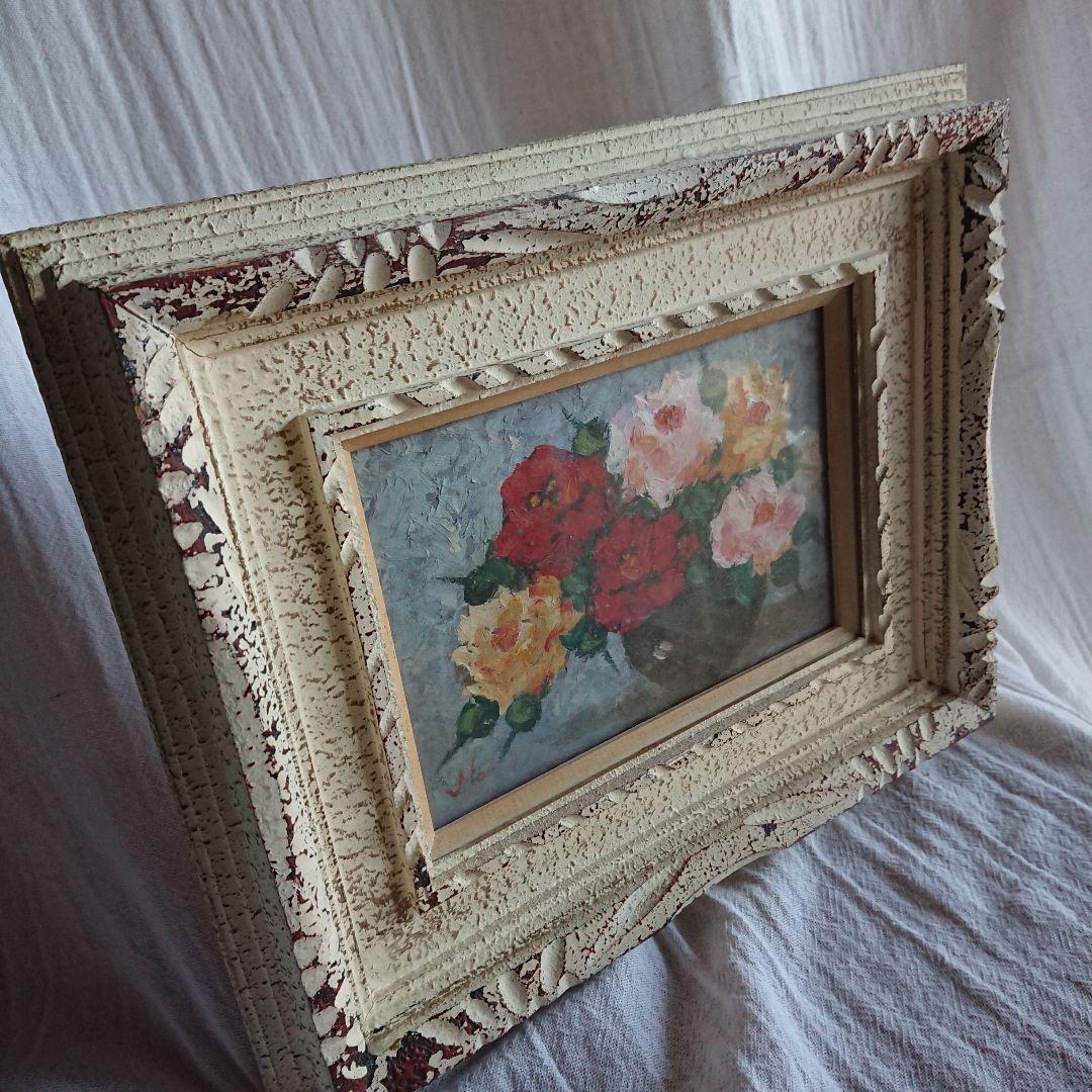 薔薇 古い 絵画 油彩 昭和レトロ /アンティーク ブロカント フランス 蚤の市