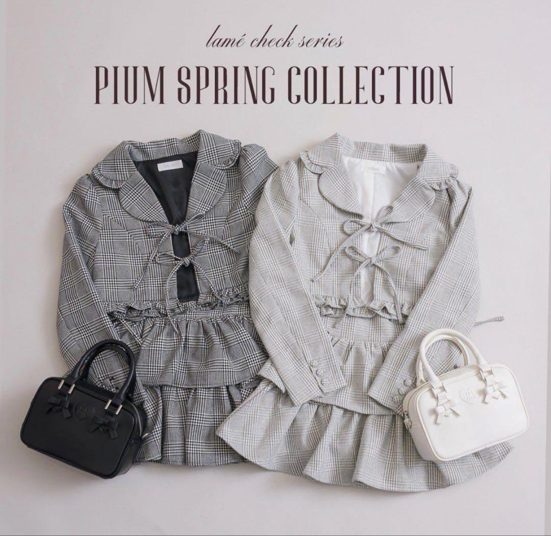 pium ラメチェックフロントリボンジャケット サイドリボンティアード