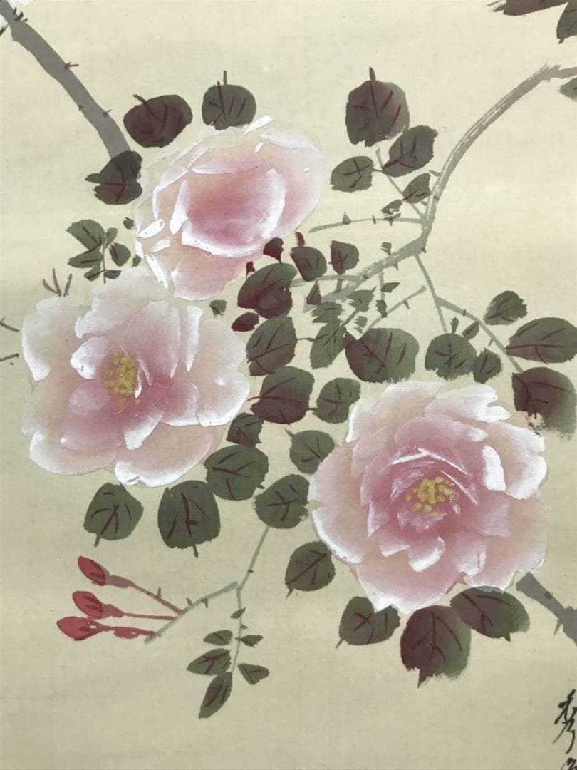 【真作】秀峰/薔薇に雀図/バラ図/雀図/花鳥図/掛軸/名家伝来/AC-772