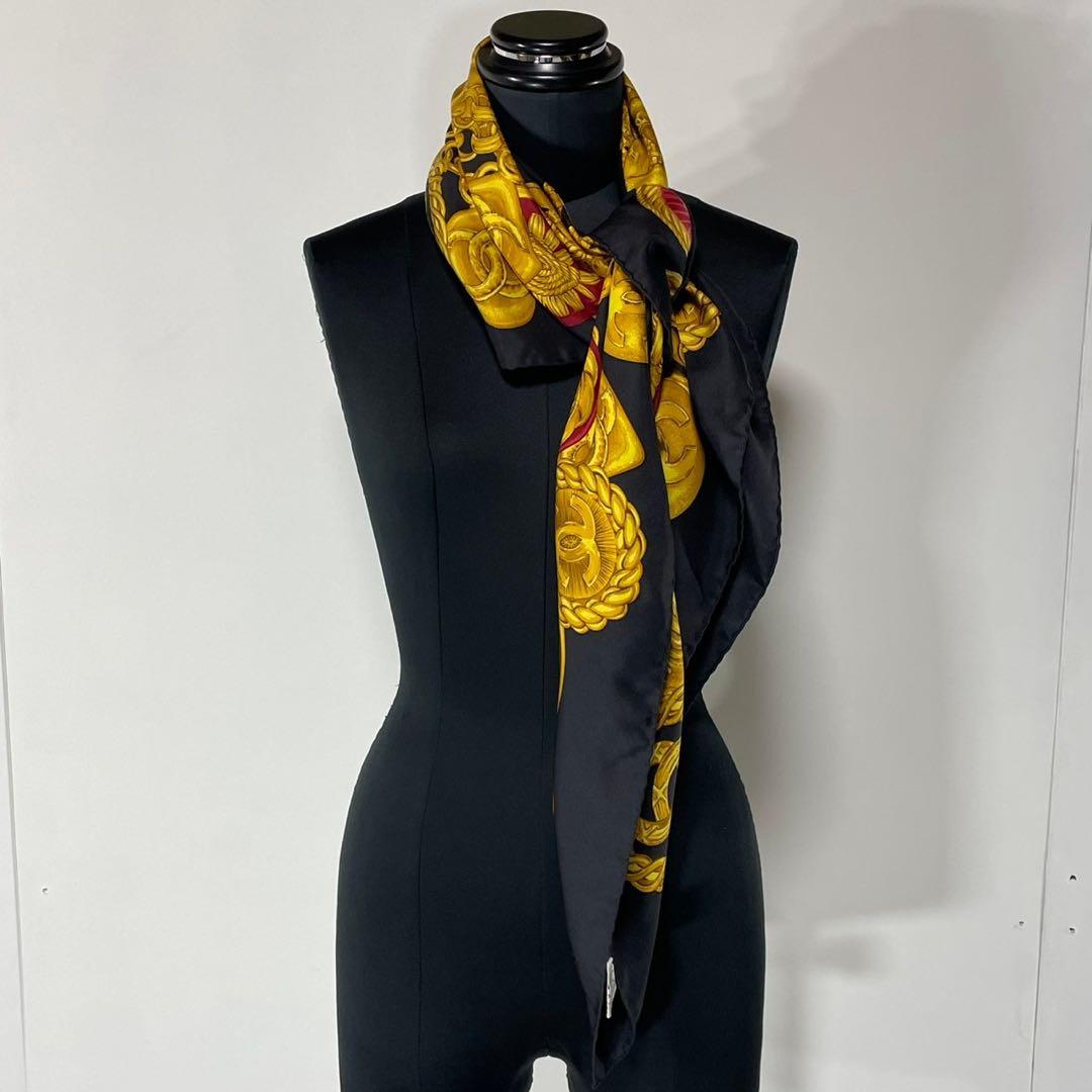 CHANEL シャネル イタリア製 ロゴ チェーン柄 大判 シルク スカーフ