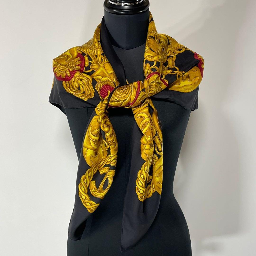 CHANEL シャネル イタリア製 ロゴ チェーン柄 大判 シルク スカーフ