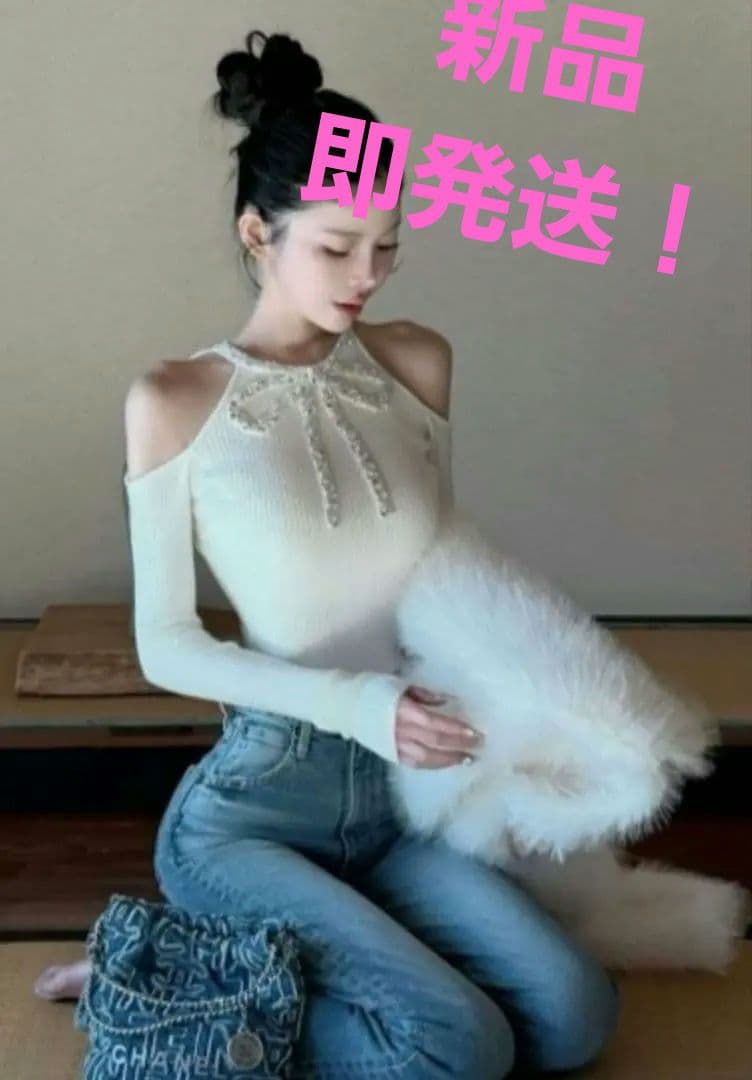 新品　ダーリッチ Darich リボンビジューアメスリニットトップス　ホワイト リボンビジューアメスリニットトップス – Darich (ダーリッチ)