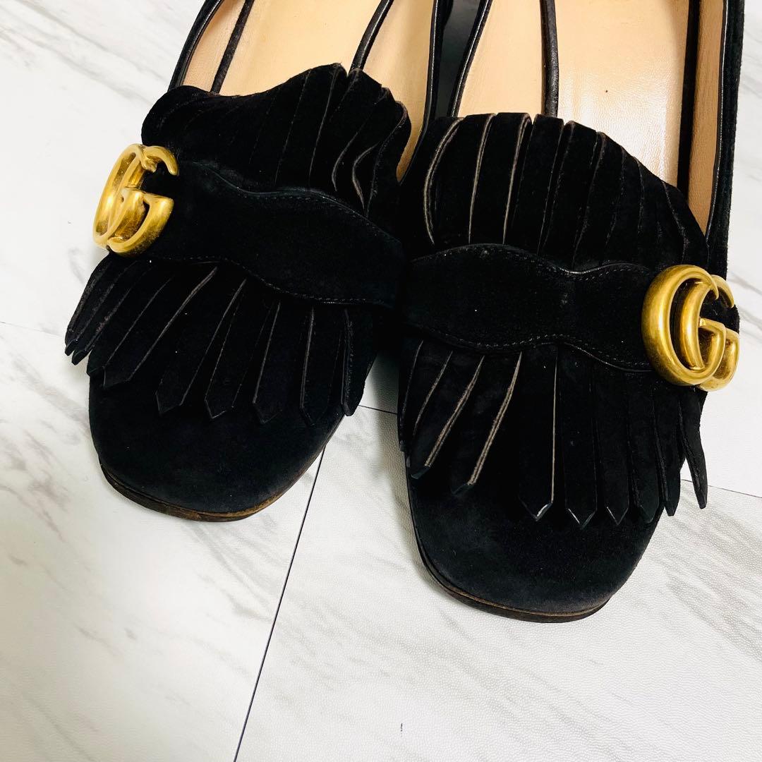 GUCCI GGマーモント フリンジ パンプス スエード 黒 25.5cm