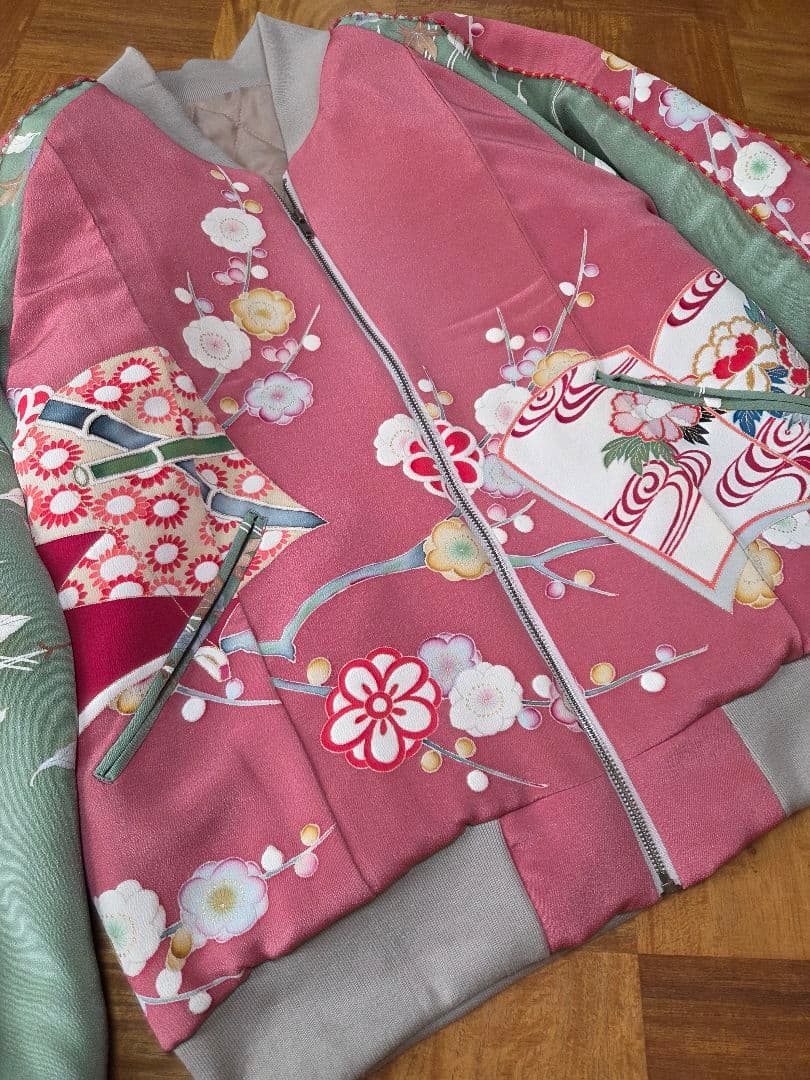 め0215着物リメイク正絹古布色留袖訪問着吉祥文ビンテージスカジャン