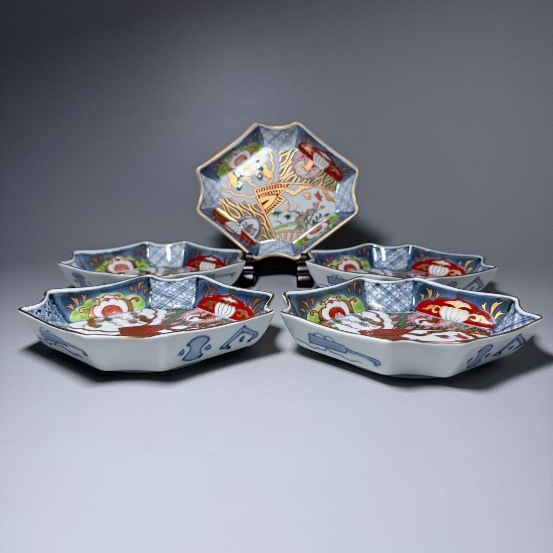 古伊万里風 冨貴長春 色絵鶴亀松竹梅文変形皿 五客 料理屋 古器を