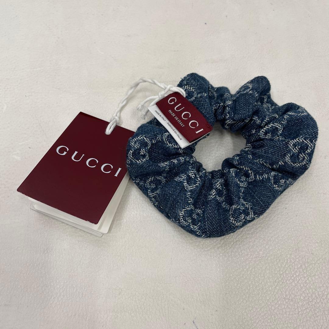 ○277 GUCCI グッチ デニム シュシュ GG ロゴ ヘアゴム タグ付き