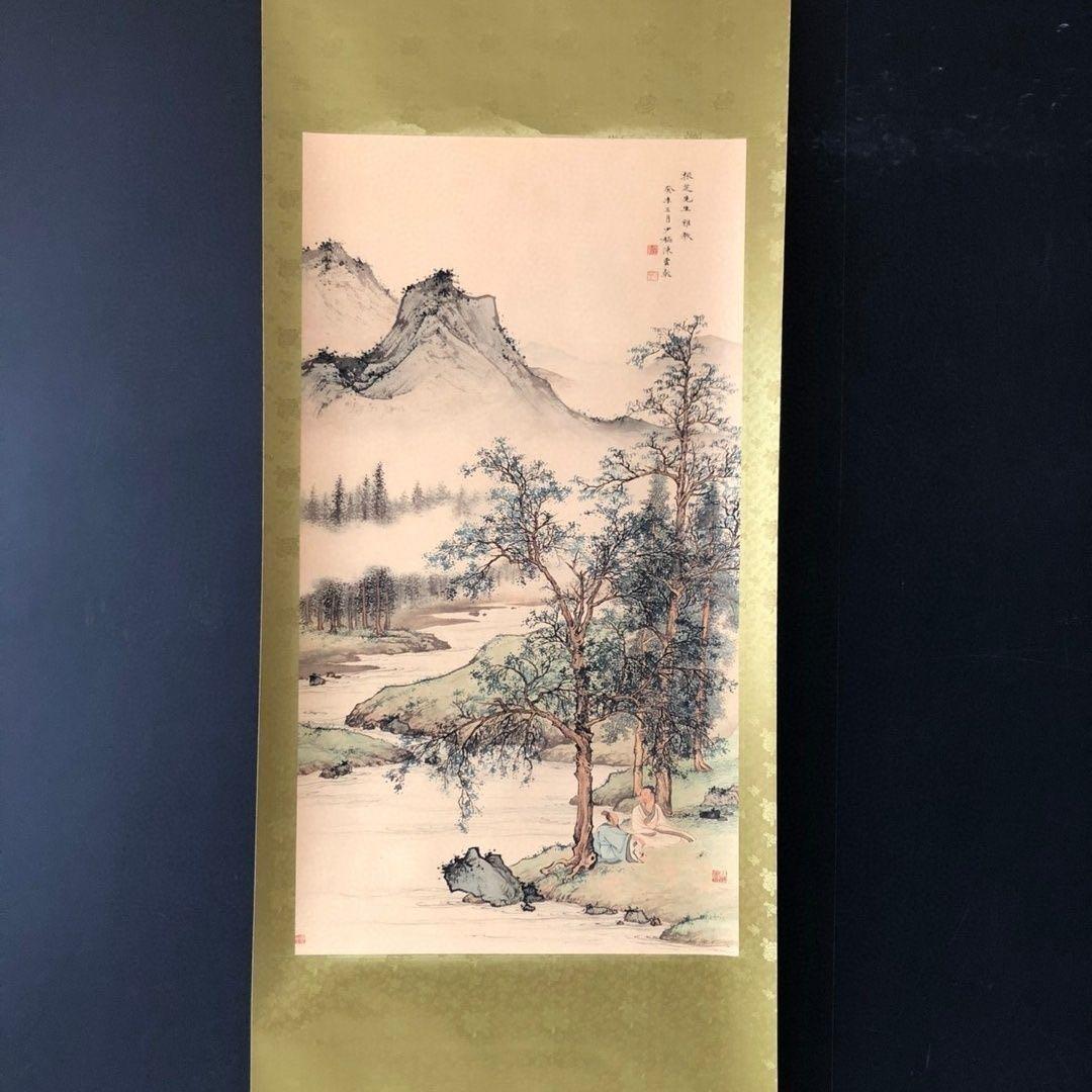 中国画 掛け軸 陈少梅《小邨山景》 三尺 中堂 掛け軸／実物撮影 水墨画