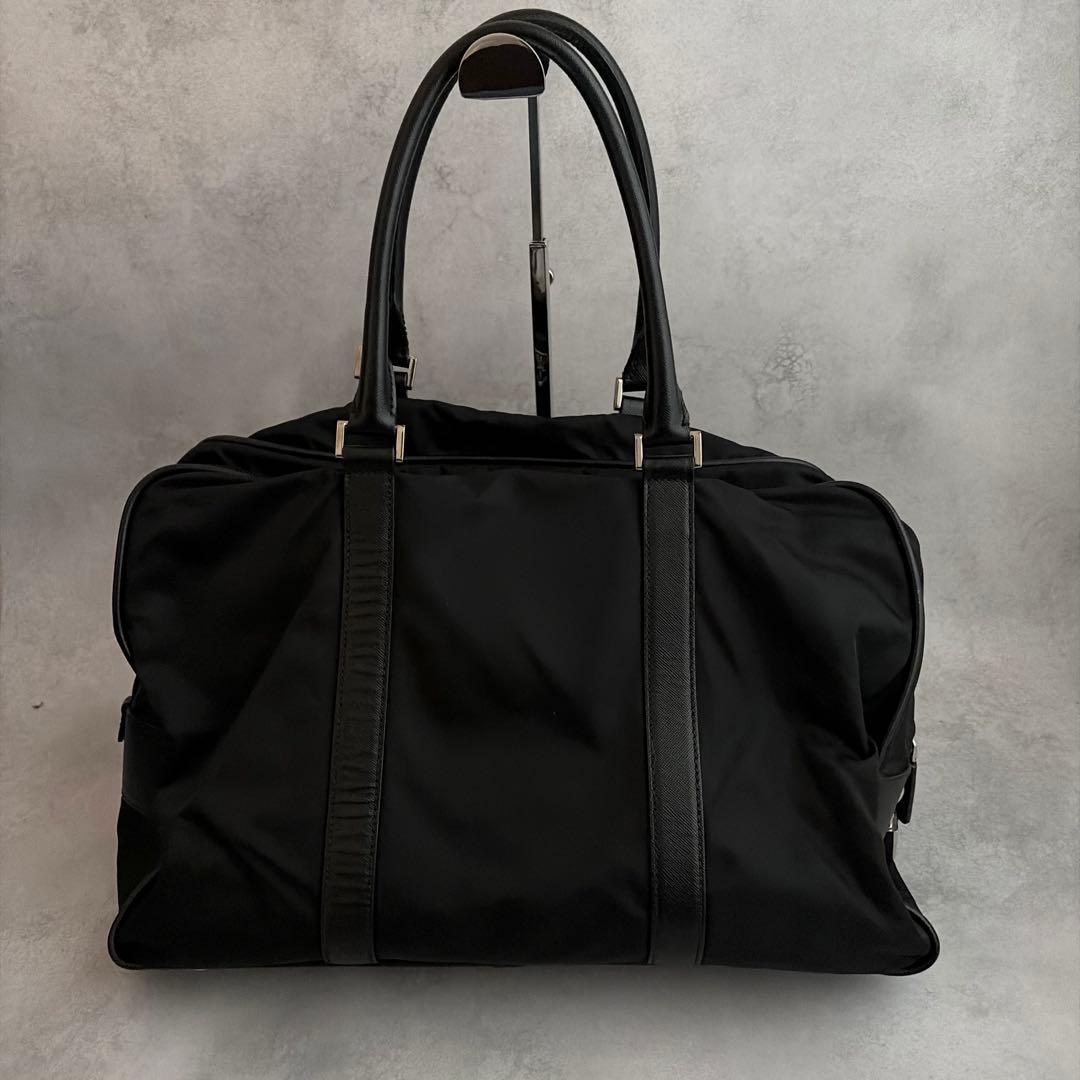 美品✨】PRADA ボストントート ナイロン×サフィアーノレザー 黒 三角