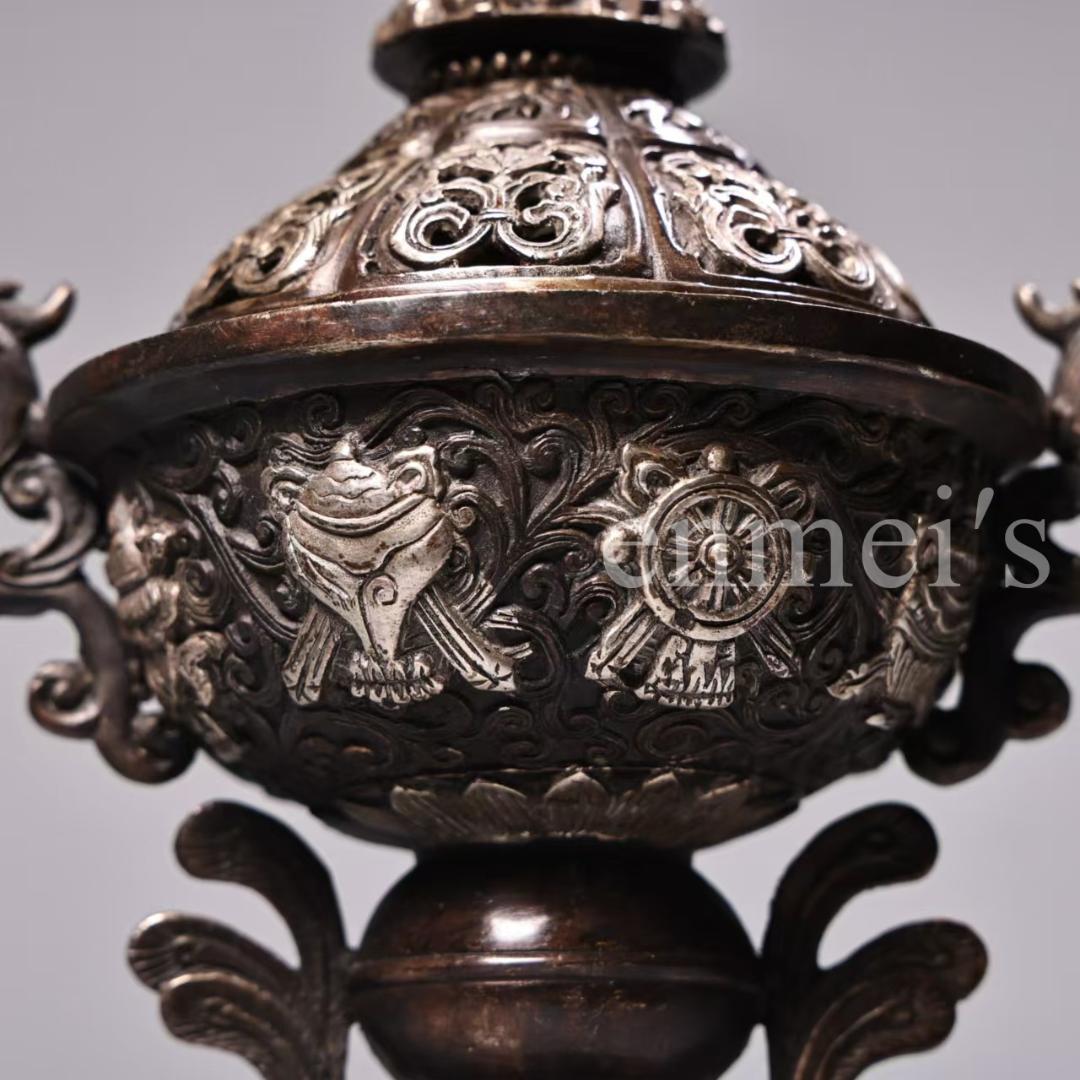 中国古美術・錾刻鎏銀 吉祥八宝鳳耳香炉セット・純銅製・