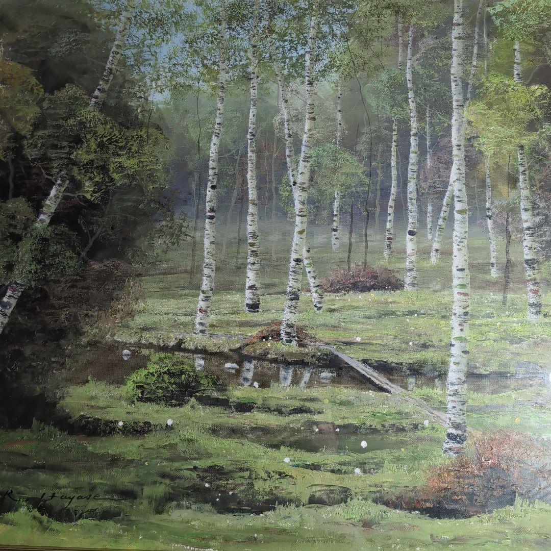 油彩画】早瀬遼 作 白樺林 肉筆画 F10 新緑美しく春〜夏に運気向上する