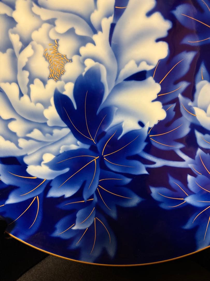 大人気　37.5cm 木箱付き　深川製磁 瑠璃牡丹　大皿 プレート 飾皿　希少