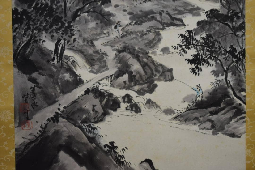 真作/蘆水/山水釣人図/桐共箱付/布袋屋掛軸HF-81