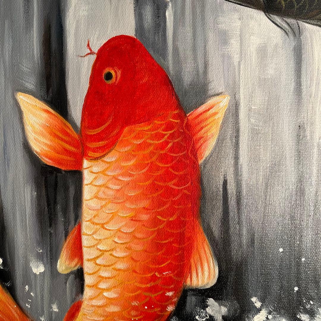 大型）手書き油絵 鯉の滝登り 肉筆絵画 インテリア 油彩画