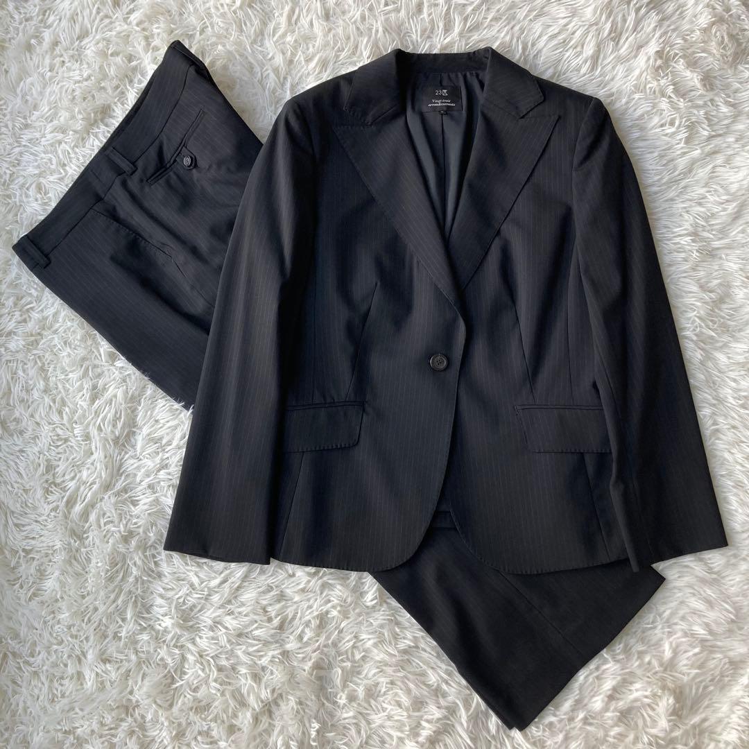 【特大】 23区 イタリア製生地 ストライプパンツスーツ セットアップ 黒 48 ストライプ柄 パンツスーツ セットアップ 黒 2XL(JP-4XL) レディース