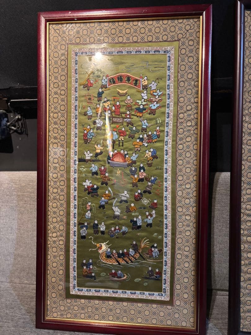 値下げ！中国 刺繍アート 額装 2点セット1980年代 中国購入　民俗