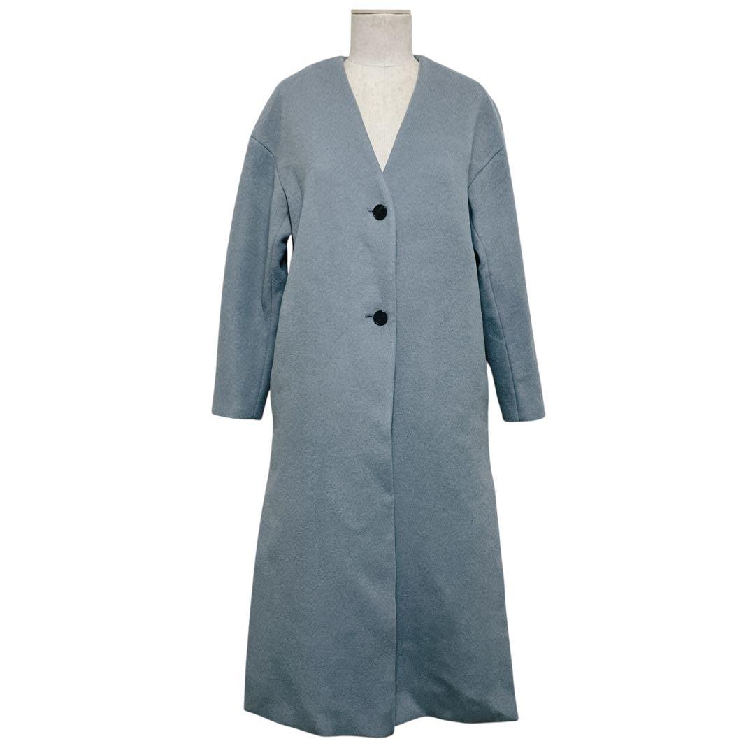 美品 シティ 日本製ウールノーカラースリット入りマキシ丈コート