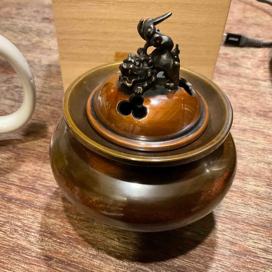美品！高岡銅器 香炉 瑞峰 新平丸子獅子 香爐 丸型 獅子蓋 三足 伝統