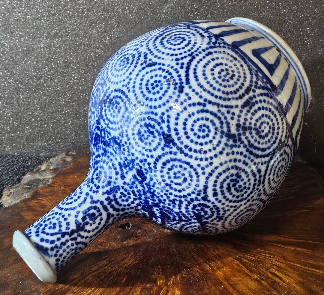 明治時代　東北民窯　会津本郷焼　 印判染付　たこ唐草文様　24.5cm　大徳利