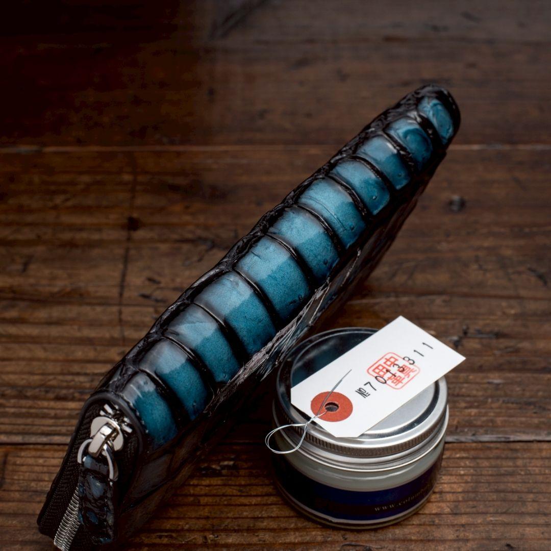 実物撮影 一枚革 クロコダイル ブルー メンズ 長財布 ラウンド