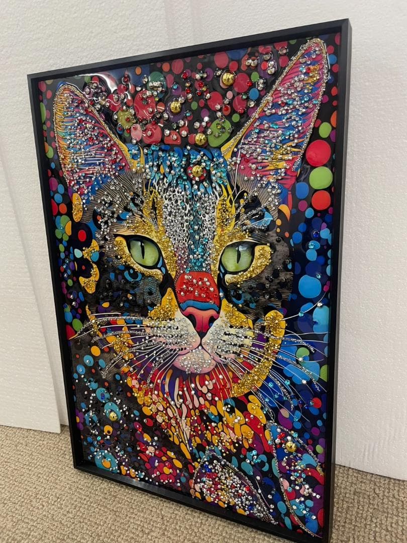 水晶絵　猫　ネコ　キャット　カラフル　アニマル　アートパネル　絵画　ペイント　絵