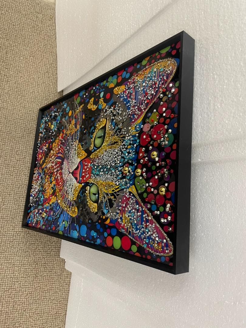 水晶絵　猫　ネコ　キャット　カラフル　アニマル　アートパネル　絵画　ペイント　絵