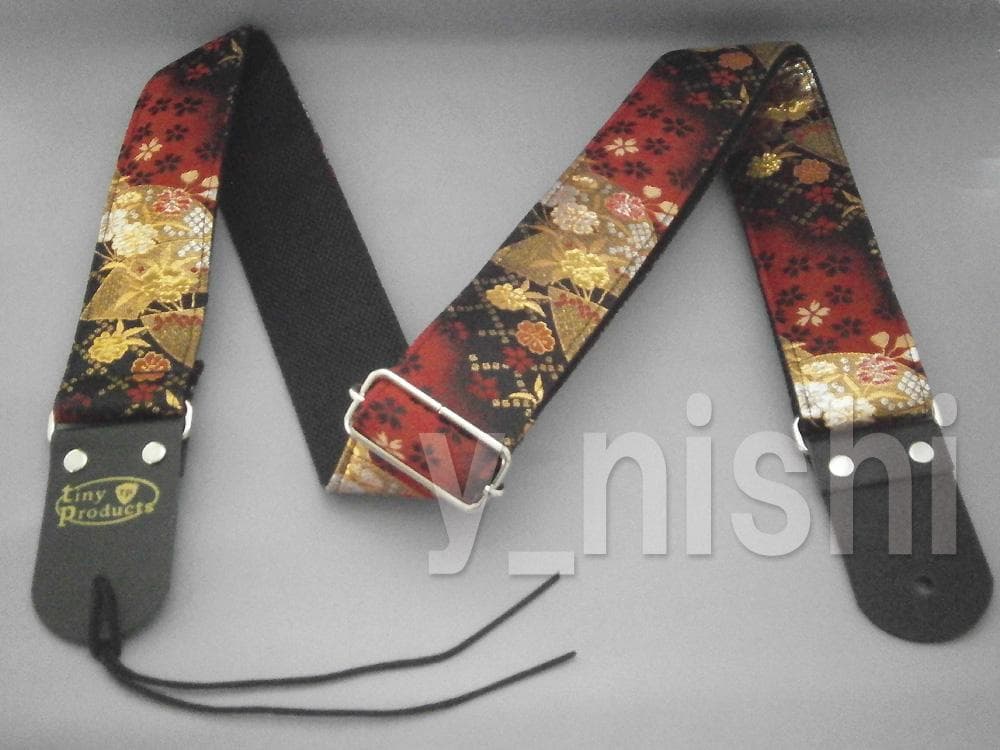 京都 西陣織 和柄ギターストラップ 扇柄/赤-黒 金襴生地使用 ハンドメイド
