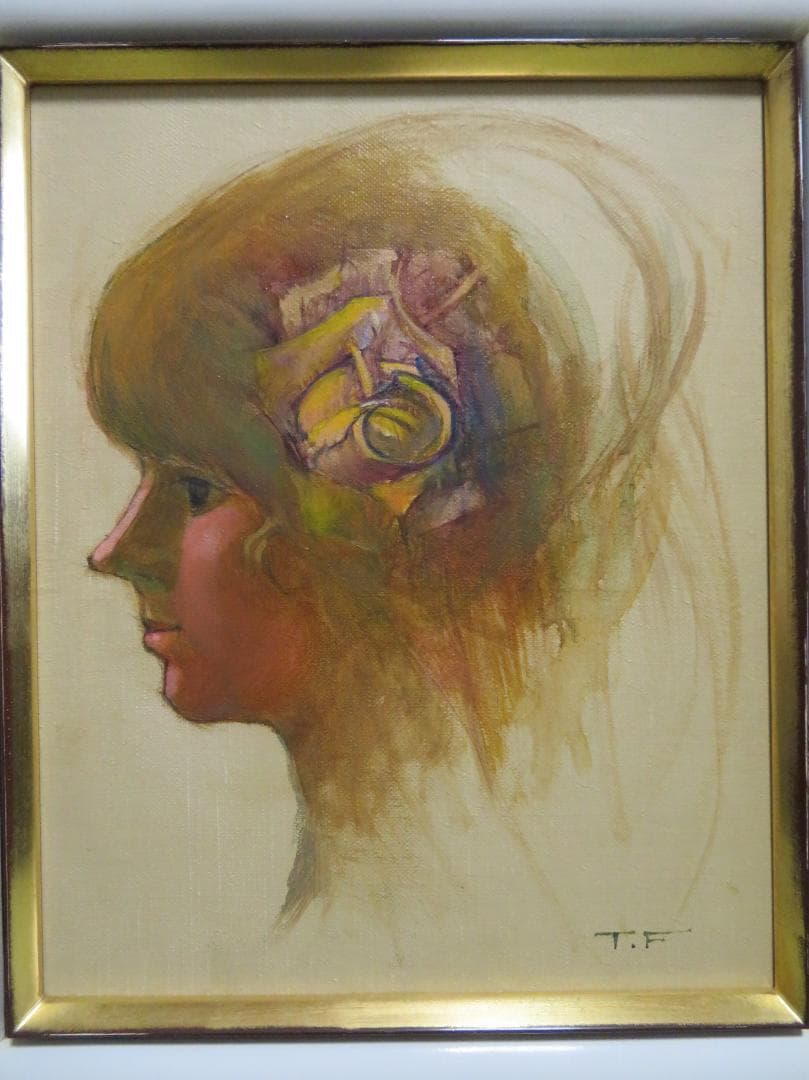 ◆ 作者不明　「少女像」（仮題）　油彩　F3号   アンティーク額◆