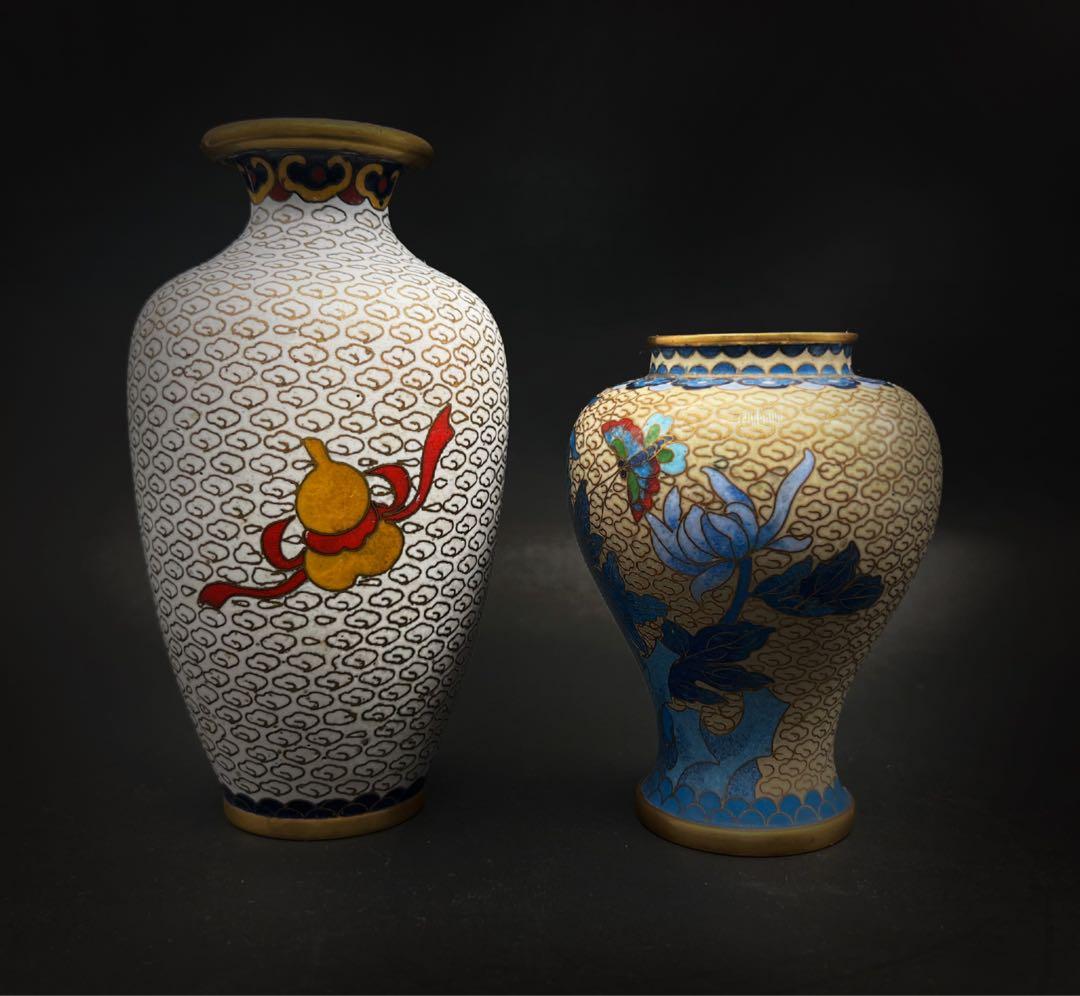 中國美術 古玩 七宝焼 景泰藍 茶葉罐 蓋置 花瓶まとめて 牡丹 梅 蝶々