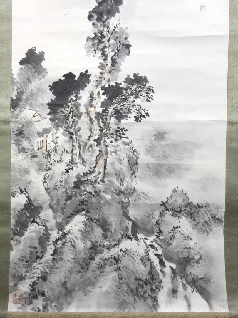 【真作】春隣/夏山山水人物図/山水図/夏山井波/掛軸☆宝船☆AD-616