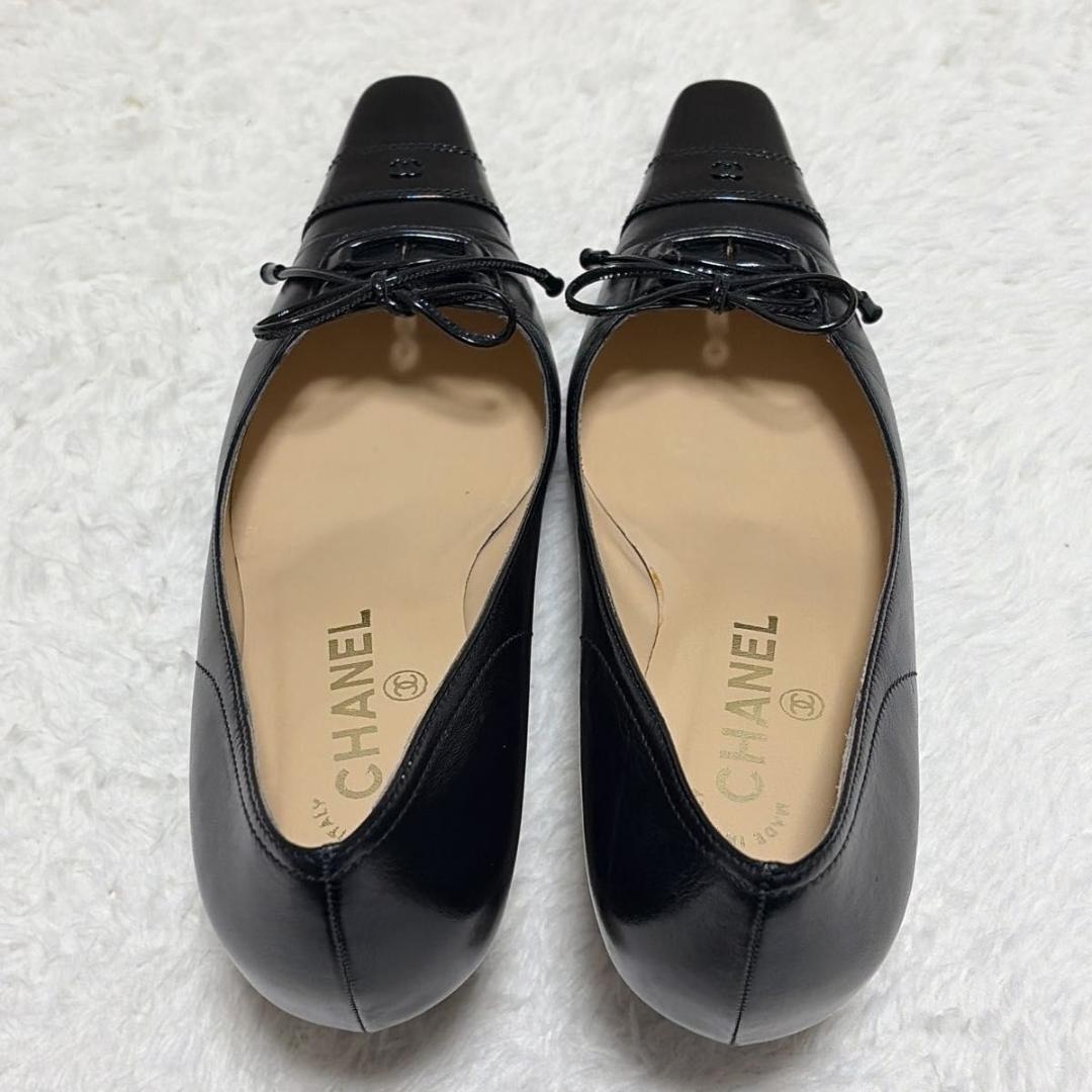 極美品 CHANEL ココマーク スクエアトゥブラックパンプス レザー 35