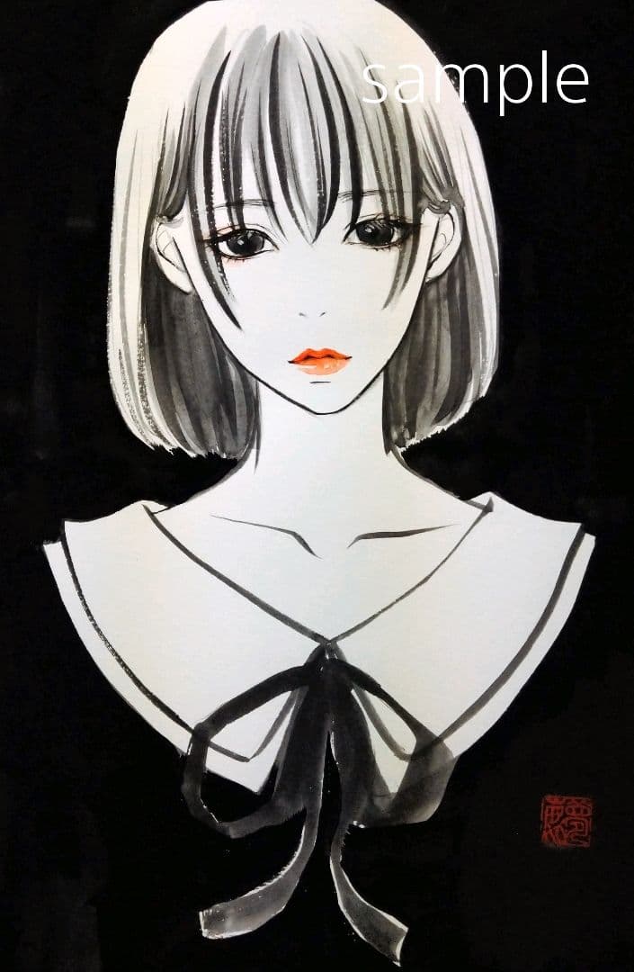 23816/A 肉筆原画　水彩画　ドローイング　手描きイラスト　美人画　モノクロ
