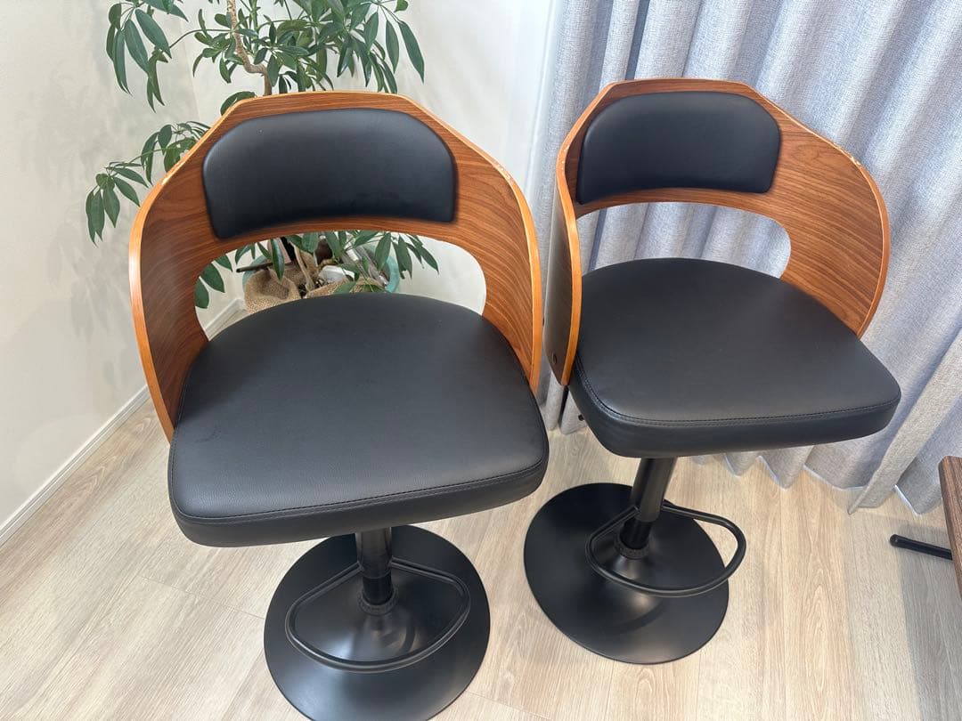 木目模様 ブラック バーチェア カウンターチェア 2セット