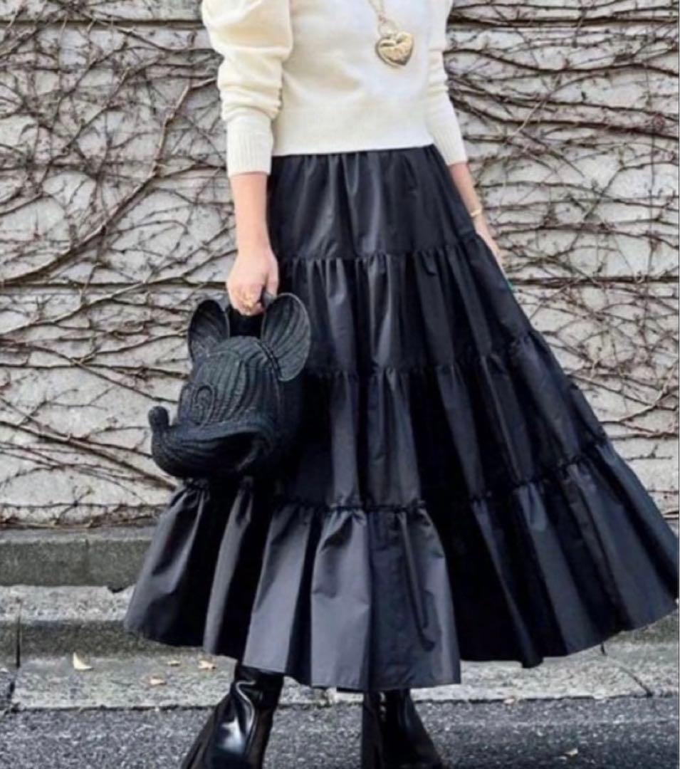 Cygne aki ティアード ロング スカート フレア ギャザー ブラック Cygne aki ティアード ロング スカート フレア ギャザー ブラック