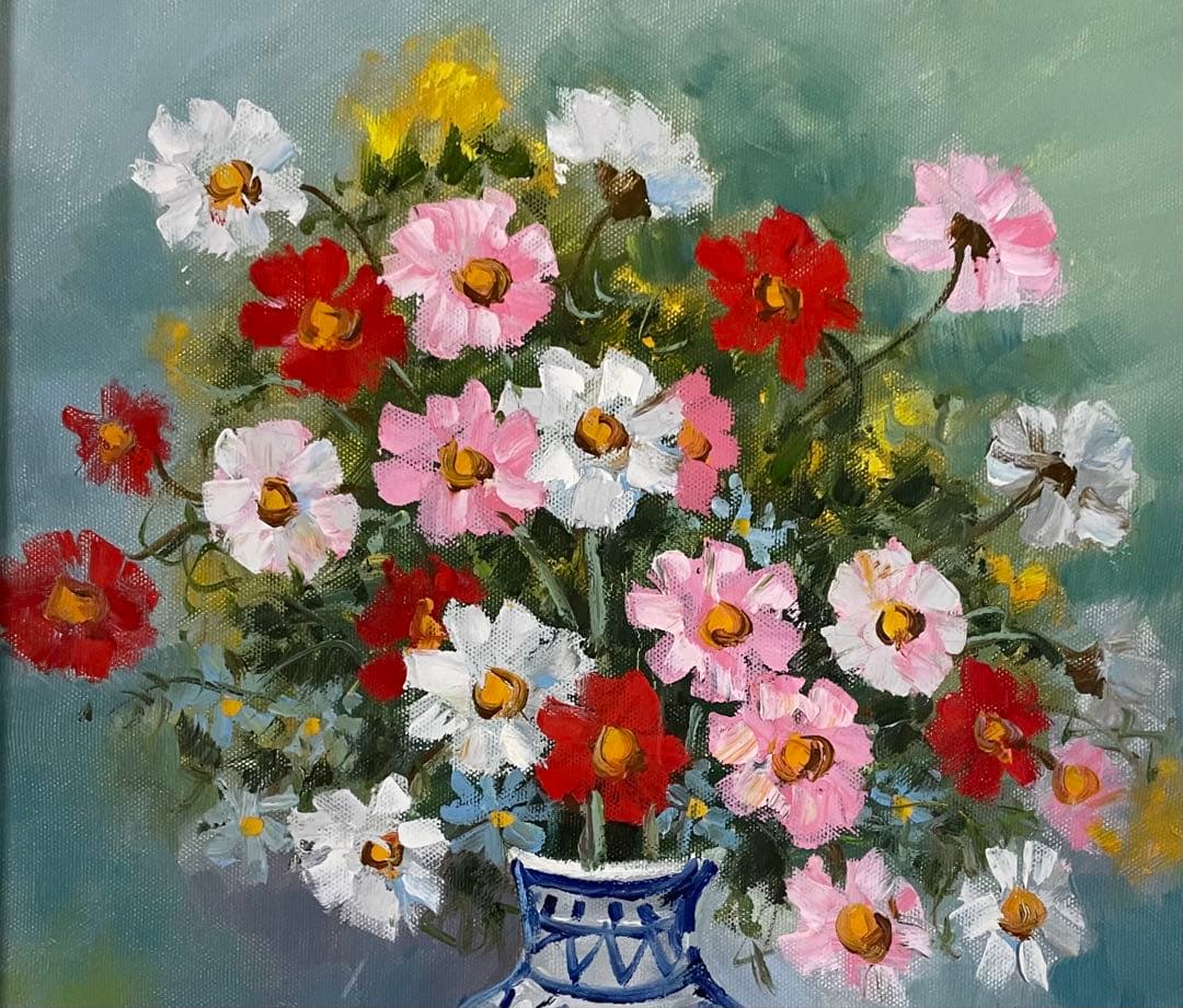 思川　松原功　油彩　コスモス　花瓶　直筆サイン　裏書有り　w661