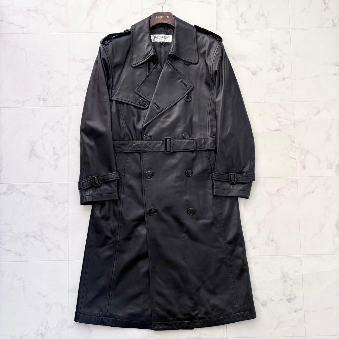 美品 バルマン レザーコート ロング丈 トレンチ ベルト ラムレザー 羊