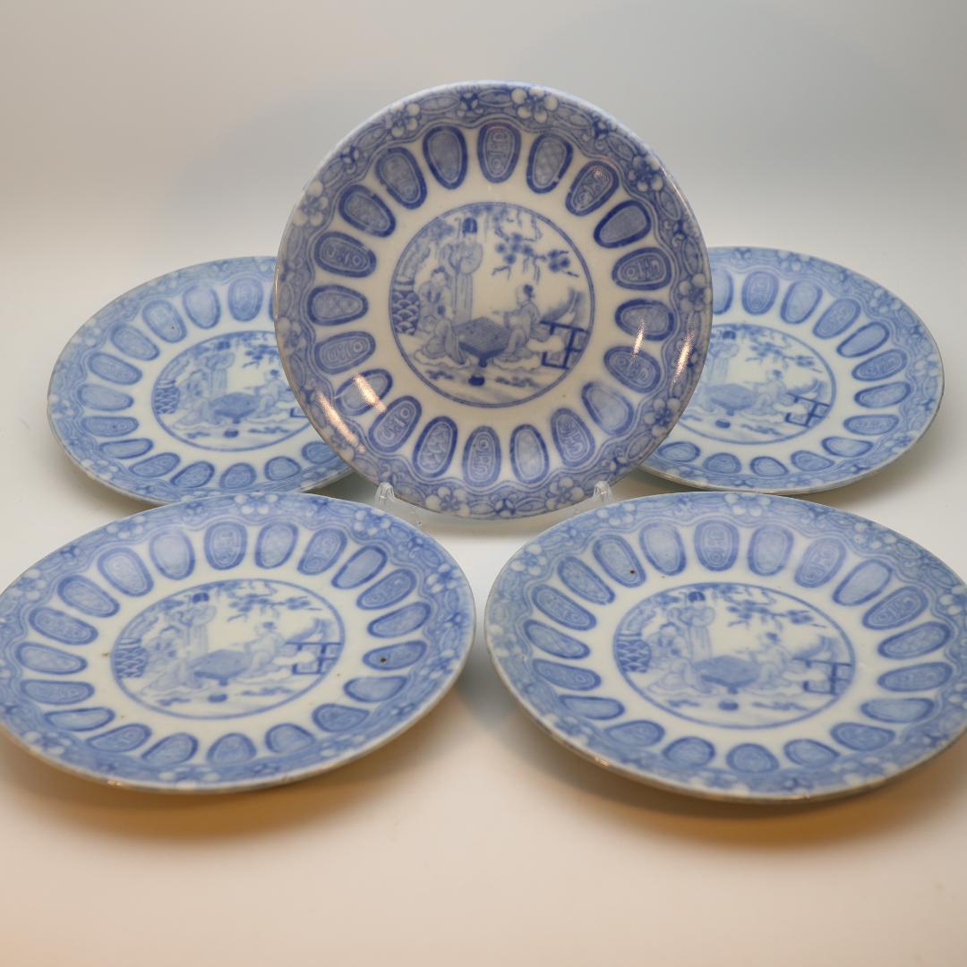 明治〜大正時代物 囲碁賢人小判図 印判皿5客セット 古伊万里 伊万里焼