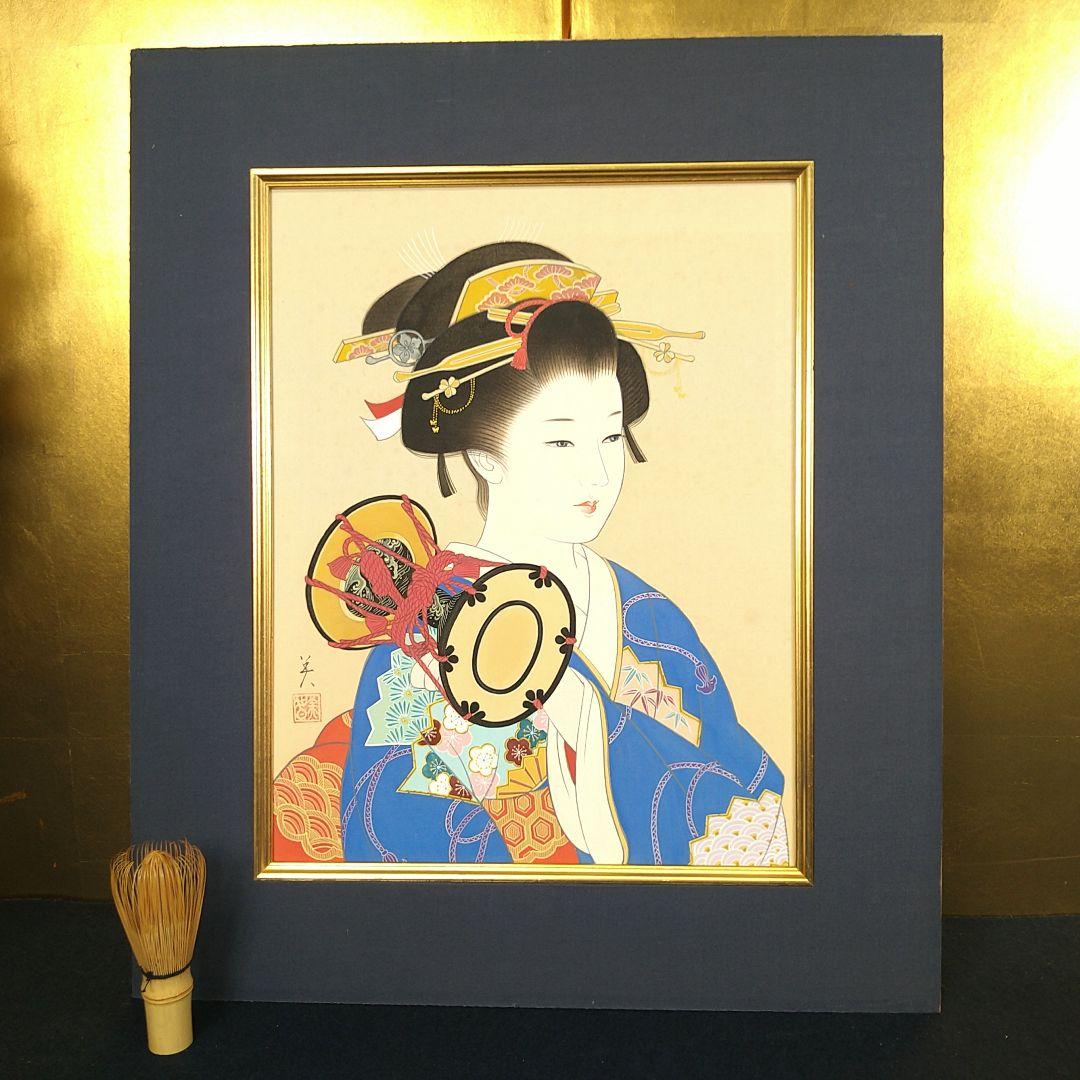 AC83 【真筆】長井美智子(初音）日本画 美人画 佳 芸者 鼓 額装 絹本肉筆