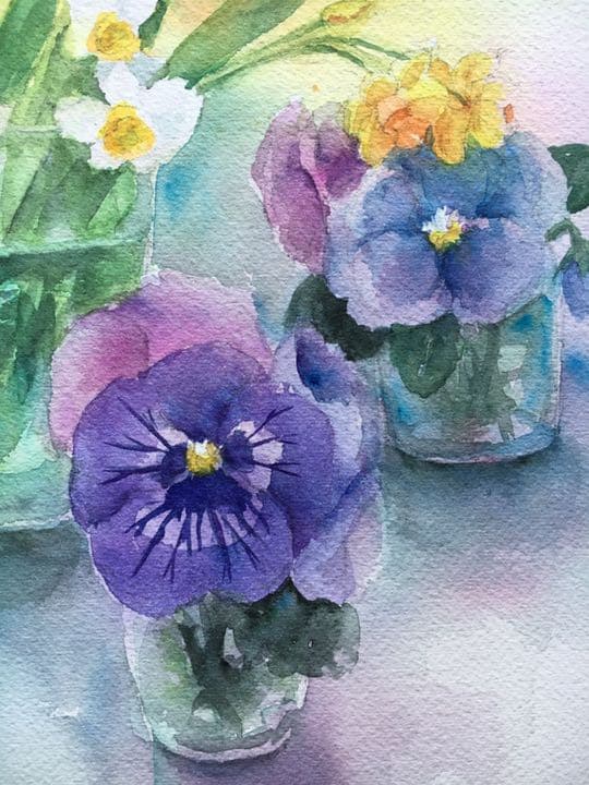水彩画原画水仙とパンジー春のガーデン