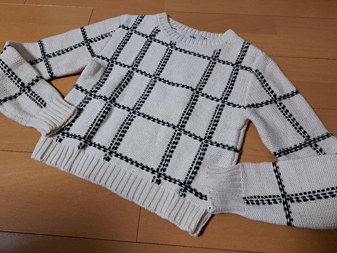 sheller シェリエステッチチェックウールニットホワイト