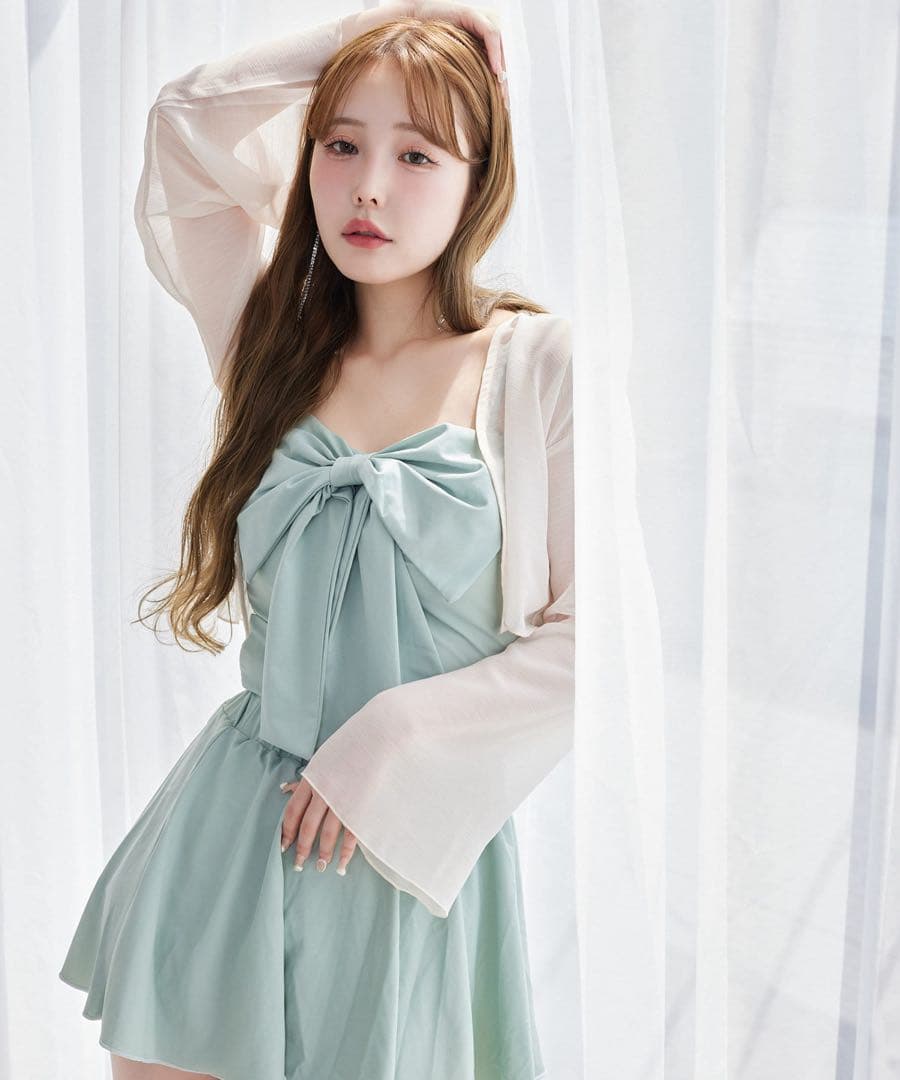 リボン付きミントグリーンワンピース 水着 ナイスクラップ NICE CLAUP swimwear/肩リボンワンショル(3点セット) | one after another NICE