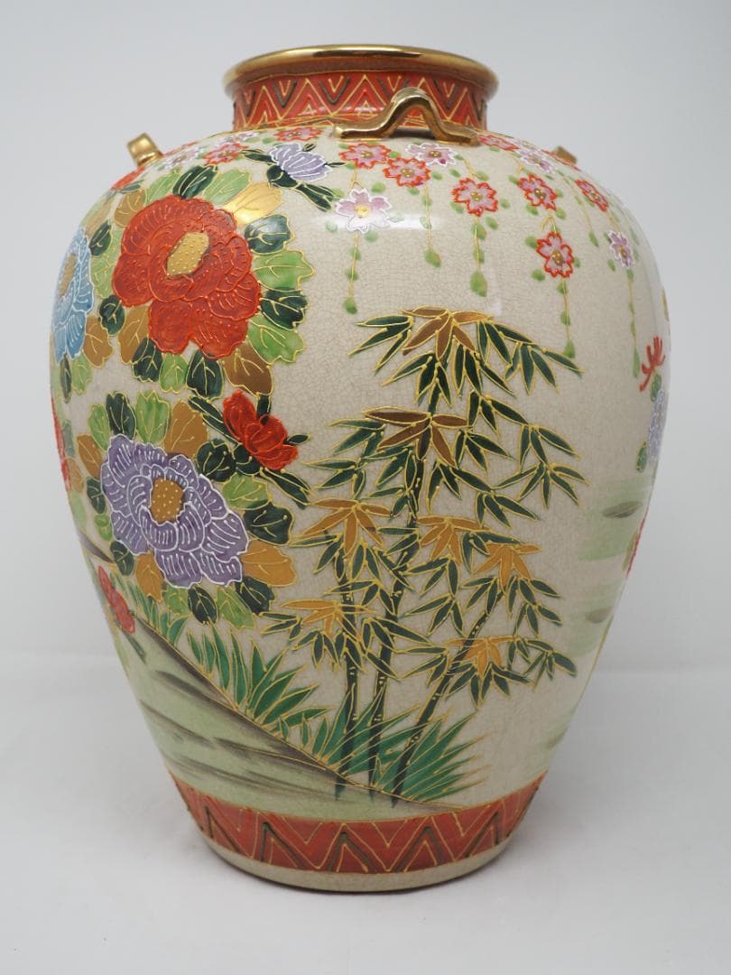 色絵金彩花鳥図　花瓶　薩摩焼　耳付壺　-SO